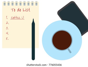 Vector illustration of Procrastination concept. A cup of black coffee, notebook with the plan, mobil phone and a pen. Time to drink coffee and start working