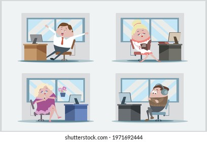 Vector illustration of procrastination at work, lazy funny cartoon characters in office.
