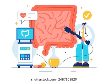 Vector Illustration of a Proctologist or Colonoscopy with a Doctor Examining the Colon and Showing Harmful Bacteria in a Flat Style Cartoon Background