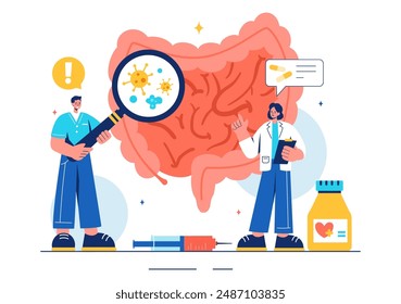 Vector Illustration of a Proctologist or Colonoscopy with a Doctor Examining the Colon and Showing Harmful Bacteria in a Flat Style Cartoon Background
