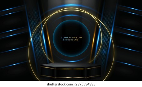 vector illustration product display creative and modern luxury podium background design template.glowing light lines and golden rings cosmetic presentation banner. use for award backdrop.