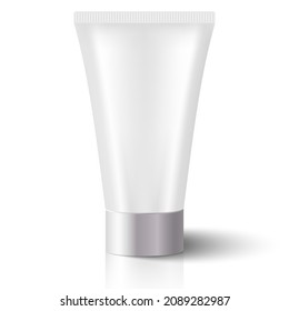 Vector illustration, product packing .Tube of cream or gel in gray and white tones with chrome lid. Mockup Ready for your design. EPS10.