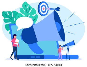 Vector illustration of a product promotion business concept. New word of mouth method of customer engagement. Marketing consumer audience communication services for advertising through social media.