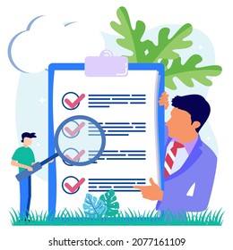 Vector illustration of product quality control with tracking in a list. Ethical and transparent verification of goods supply chain logistics and business control.