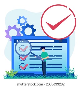 Ilustración vectorial del control de calidad del producto con seguimiento en una lista. Verificación ética y transparente de la logística de la cadena de suministro de bienes y control comercial.