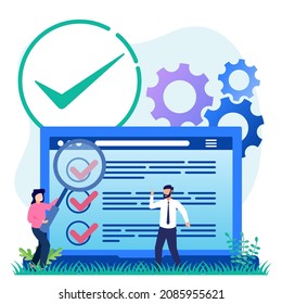 Ilustración vectorial del control de calidad del producto con seguimiento en una lista. Verificación ética y transparente de la logística de la cadena de suministro de bienes y control comercial.