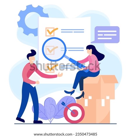 Vector illustration of product quality control with tracking in a list. Ethical and transparent verification of goods supply chain logistics and business control.