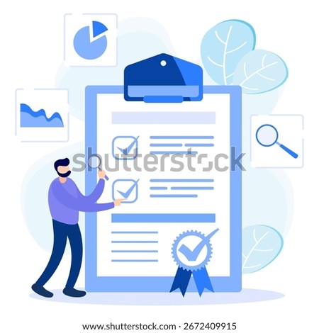 Vector illustration of product quality control with tracking in a list. Ethical and transparent verification of goods supply chain logistics and business control.