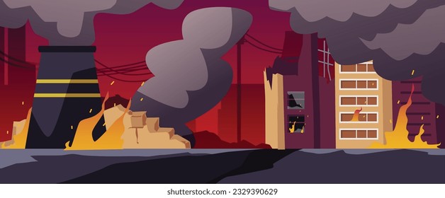 Vector illustration of production and generation of electricity and energy in fire and smoke. Destroyed manufacturing factory, industral buildings. Night city destroy in war zone, abandoned buildings