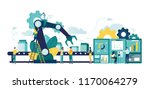 Vector illustration, a production line with workers, automation and user interface concept: user connecting with a tablet and sharing data with a cyber-physical system, Smart industry 4.0