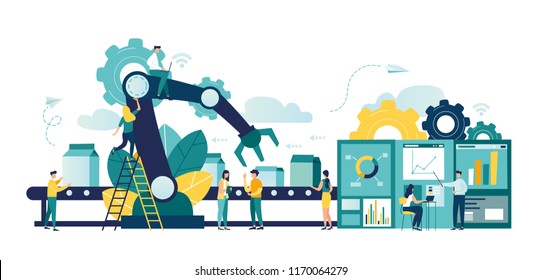 Vector illustration  production line and workers  automation   user interface concept: user connecting and tablet   sharing data and cyber  physical system  Smart industry 4 0