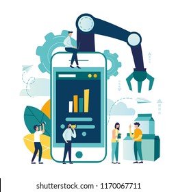 Vector illustration, a production line with workers, automation and user interface concept: user connecting with a tablet and sharing data with a cyber-physical system, monitoring applications on a sm