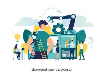 Vector illustration, a production line with workers, automation and user interface concept: user connecting with a tablet and sharing data with a cyber-physical system, Smart industry 4.0