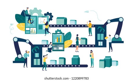 Vector illustration, a production line with workers, automation and user interface concept: user connecting with a tablet and sharing data with a cyber-physical system, Smart industry 4.0