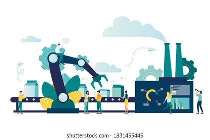 Vector illustration, production line with workers, manufacturing enterprise, product release and development