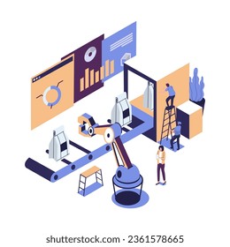 Ilustración vectorial, línea de producción con trabajadores, concepto de automatización e interfaz de usuario: usuario que se conecta con un tablet y comparte datos con un sistema ciberfísico, Smart Industry 4.0