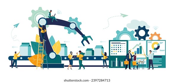 Ilustración vectorial, línea de producción con trabajadores, personas en el trabajo, automatización y concepto de interfaz de usuario. El usuario se conecta a la laptop e intercambia datos con el sistema ciberfísico, sector inteligente 4.0. trabajo