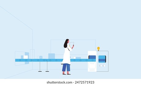 Ilustración vectorial, una línea de producción con trabajadores, automatización y concepto de interfaz de usuario: usuario que se conecta con una tableta y comparte datos con un sistema ciberfísico.
