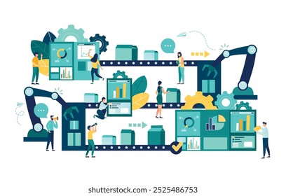 Ilustração vetorial, uma linha de produção com trabalhadores, automação e conceito de interface do usuário: usuário conectando-se com um tablet e compartilhando dados com um sistema ciberfísico