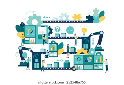 Vector illustration, a production line with workers, automation and user interface concept: user connecting with a tablet and sharing data with a cyber-physical system