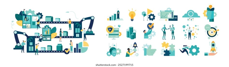 Ilustração vetorial, uma linha de produção com trabalhadores, automação e conceito de interface do usuário: usuário conectando-se com um tablet e compartilhando dados com um sistema ciberfísico