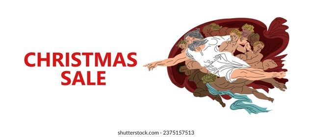 Vector illustration. Products for creativity. Christmas discount banner. Creative marketing. Divine sale. Reproduction of the painting in vector. God sells. To point with a finger