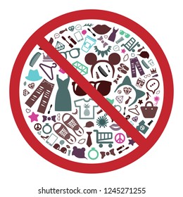 vector illustration of products and goods in restriction circle against consumerism and sustainable buying concept