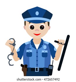  Vector illustration. Profession. Cartoon  policeman with a baton and handcuffs isolated on white background