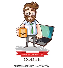 Vector illustration of the profession of a programmer. Cartoon image of an encoder isolated on a white background. Computer science. The creator of sites.Tired office worker.