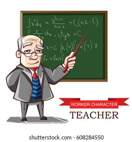 Vector illustration of a profession teacher character. Image of a teacher, an employee of the educational sphere with a pointer and a board isolated on white background