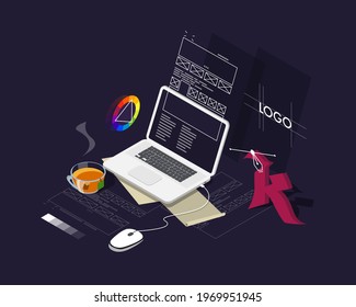 Vector illustration. Profession web designer. Designing a new website. Prototype