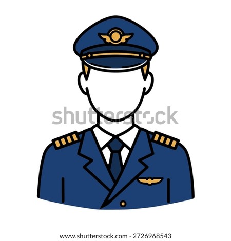 Vector illustration of a professional aviation pilot in a smart uniform, complete with hat, epaulets, and wings, representing a skilled flight crew member or captain in the airline industry