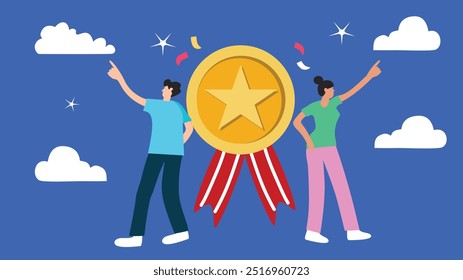 Vector illustration of a professional award concept featuring a man and woman holding a medal and trophy. The design symbolizes achievement, recognition, and success. Ideal for posters or banners for 