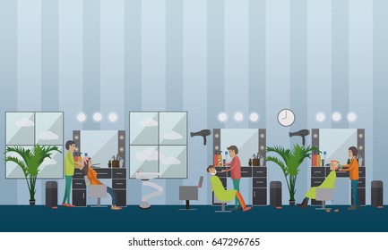 Vector illustration of professional barbers working with their clients male and female. Barbershop flat style design element.