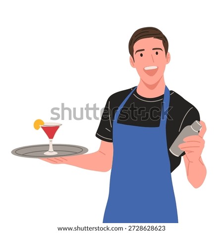 Vector illustration of a professional bartender making cocktails in different poses pouring, shaking, serving and presenting drinks. Modern flat design character isolated on white background. Perfect for bar menu, website, advertising, hospitality and nightlife concepts.