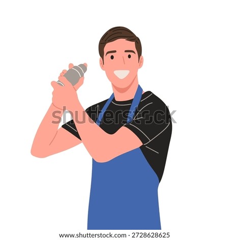 Vector illustration of a professional bartender making cocktails in different poses pouring, shaking, serving and presenting drinks. Modern flat design character isolated on white background. Perfect for bar menu, website, advertising, hospitality and nightlife concepts.