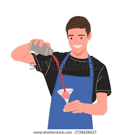 Vector illustration of a professional bartender making cocktails in different poses pouring, shaking, serving and presenting drinks. Modern flat design character isolated on white background. Perfect for bar menu, website, advertising, hospitality and nightlife concepts.