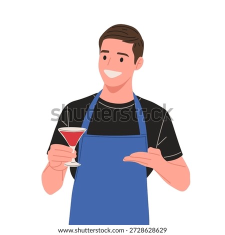 Vector illustration of a professional bartender making cocktails in different poses pouring, shaking, serving and presenting drinks. Modern flat design character isolated on white background. Perfect for bar menu, website, advertising, hospitality and nightlife concepts.