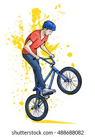 Vector illustration of a professional bmx rider. Beautiful extreme sport poster. Bmx freestyle competition contestant. Bicycle rider, cyclist, youth culture. Abstract background