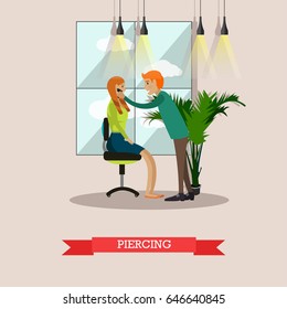 Vector illustration of professional body piercer performing piercing. Woman getting piercing flat style design element.
