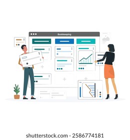 Vector illustration of a professional bookkeeping setting, Record Keeping, HR Policies, Record management concept, files, archive management, document tracking, administrative system abstract people