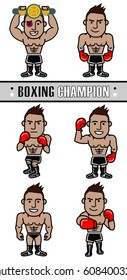 Vector illustration of a professional boxer. Set of poses for a boxing champion. Caricature of a boxer in action.
