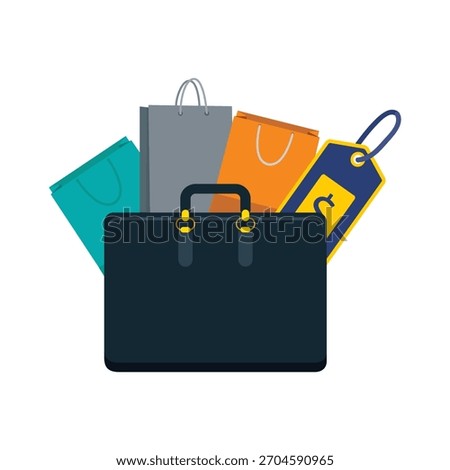Vector illustration of a professional briefcase, diverse shopping bags, and a price tag. Symbolizes retail, commerce, sales, business, and consumerism. Perfect for e-commerce sites.