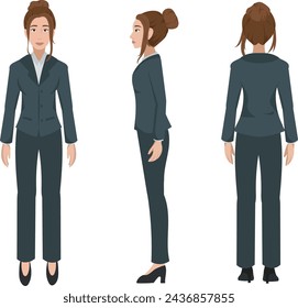 Vector illustration of a professional businesswoman from three distinct angles: frontal, side, and rear. The character has dark suit and white shirt.