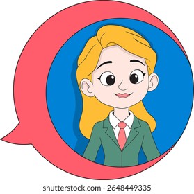 Vector illustration of a professional cartoon businesswoman with blonde hair wearing a green suit and red tie, inside a colorful chat bubble.