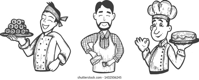Vector illustration of professional chef cook set. Oriental Japanese cook with sushi, barista, pastry confectioner. Vintage hand drawn style.