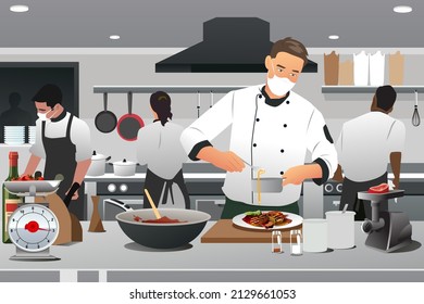 A vector illustration of Professional Chef Wearing Masks in the Kitchen 