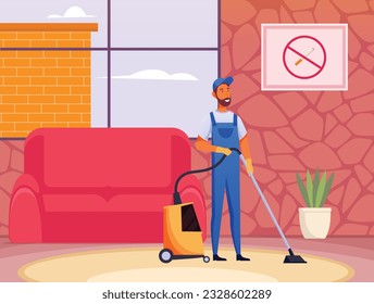 Vector illustration of professional cleaner cleaning dust in a hotel