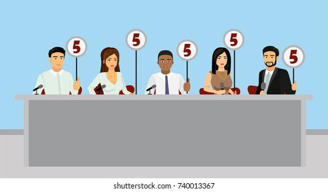 Vector illustration of professional competition judges jury holding tablets with estimates in flat style.