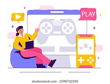 Vector Illustration of a Professional Cute Gamer Streaming Online While Playing Video Games on a Live Platform in a Stylish Background